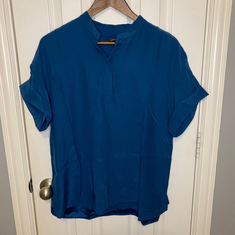 Lafayette 148 New York Teal Blue 100% Silk Short Sleeve Blouse Top Large